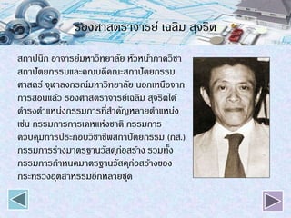 รองศาสตราจารย์ เฉลิม สุจริต
สถาปนิก อาจารย์มหาวิทยาลัย หัวหน้าภาควิชา
สถาปัตยกรรมและคณบดีคณะสถาปัตยกรรม
ศาสตร์ จุฬาลงกรณ์มหาวิทยาลัย นอกเหนือจาก
การสอนแล้ว รองศาสตราจารย์เฉลิม สุจริตได้
ดารงตาแหน่งกรรมการที่สาคัญหลายตาแหน่ง
เช่น กรรมการการเคหแห่งชาติ กรรมการ
ควบคุมการประกอบวิชาชีพสถาปัตยกรรม (กส.)
กรรมการร่างมาตรฐานวัสดุก่อสร้าง รวมทั้ง
กรรมการกาหนดมาตรฐานวัสดุก่อสร้างของ
กระทรวงอุตสาหรรมอีกหลายชุด
 