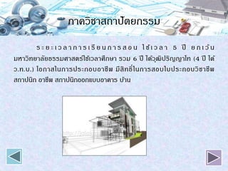 ภาควิชาสถาปัตยกรรม
ร ะ ย ะ เ ว ล า ก า ร เ รี ย น ก า ร ส อ น ใ ช้เ ว ล า 5 ปี ย ก เ ว้น
มหาวิทยาลัยธรรมศาสตร์ใช้เวลาศึกษา รวม 6 ปี ได้วุฒิปริญญาโท (4 ปี ได้
ว.ท.บ.) โอกาสในการประกอบอาชีพ มีสิทธิ์ในการสอบใบประกอบวิชาชีพ
สถาปนิก อาชีพ สถาปนิกออกแบบอาคาร บ้าน
 