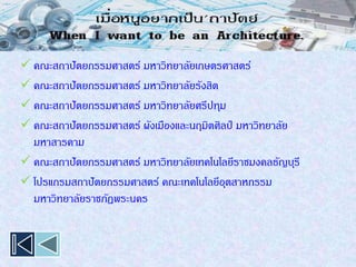  คณะสถาปัตยกรรมศาสตร์ มหาวิทยาลัยเกษตรศาสตร์
 คณะสถาปัตยกรรมศาสตร์ มหาวิทยาลัยรังสิต
 คณะสถาปัตยกรรมศาสตร์ มหาวิทยาลัยศรีปทุม
 คณะสถาปัตยกรรมศาสตร์ ผังเมืองและนฤมิตศิลป์ มหาวิทยาลัย
มหาสารคาม
 คณะสถาปัตยกรรมศาสตร์ มหาวิทยาลัยเทคโนโลยีราชมงคลธัญบุรี
 โปรแกรมสถาปัตยกรรมศาสตร์ คณะเทคโนโลยีอุตสาหกรรม
มหาวิทยาลัยราชภัฎพระนคร
 
