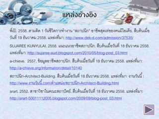 พี่เป้ . 2558. ตามติด 1 วันชีวิตการทางาน “สถาปนิก” อาชีพสุดเท่ของคนมีไอเดีย. สืบค้นเมื่อ
วันที่ 19 ธันวาคม 2558. แหล่งที่มา: http://www.dek-d.com/admission/37535/
SUJAREE KUNYULAI. 2558. แนะแนวอาชีพสถาปนิก. สืบค้นเมื่อวันที่ 18 ธันวาคม 2558.
แหล่งที่มา: http://sujaree-aud.blogspot.com/2010/05/blog-post_03.html
a-chieve. 2557. ข้อมูลอาชีพสถาปนิก. สืบค้นเมื่อวันที่ 18 ธันวาคม 2558. แหล่งที่มา:
http://a-chieve.org/information/detail/10140
สถาปนิก-Architect-Building. สืบค้นเมื่อวันที่ 18 ธันวาคม 2558. แหล่งที่มา งานวันนี้:
http://www.งานวันนี้.com/ตาแหน่ง/สถาปนิก-Architect-Building.html
arart. 2552. สาขาวิชาในคณะสถาปัตย์. สืบค้นเมื่อวันที่ 18 ธันวาคม 2558. แหล่งที่มา:
http://arart-50011112005.blogspot.com/2009/09/blog-post_03.html
แหล่งอ้างอิง
 