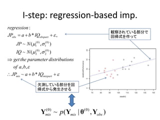 I-step: regression-based imp.
(0) (0)
1 1
(0) (0)
2 2
:
* ,
~ ( , )
~ ( , )
, ,
~ *
obs obspart
mis mispart
regression
JP a b IQ
JP N
IQ N
getthe parameter distributions
of a b
JP a b IQ

 
 


  

  
観察されている部分で
回帰式を作って
欠測している部分を回
帰式から発生させる
(0) (0)
~ ( | , )mis mis obspY Y θ Y
 