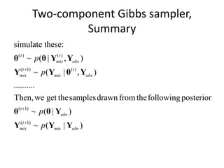 Two-component Gibbs sampler,
Summary
( ) ( )
( 1) ( )
( 1)
( 1)
simulate these:
~ ( | , )
~ ( | , )
..........
Then,we get thesamplesdrawnfromthefollowingposterior
~ ( | )
~ ( | )
t t
mis obs
t t
mis mis obs
t
obs
t
mis mis obs
p
p
p
p



θ θ Y Y
Y Y θ Y
θ θ Y
Y Y Y
 