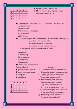 Г І ревнув понад горамигрім...
Д Мовив терен: «Се добревам хтось
Підповів таку раду…»
12. Вірш «Contra spem spero!» ЛесіУкраїнки побудованийна
А порівняннях
Б паралелізмі
В риторичнихзапитаннях
Г оксиморонах
Д антитезах
13. Прочитайте уривокіз драми-феєрії «Лісовапісня» Лесі Українки:
І снилися мені все білі сни:
на сріблі сяли ясні самоцвіти,
стелилися незнані трави, квіти…
У цих рядках використано художній засіб
А анафору
Б синекдоху
В порівняння
Г алітерацію
Д метонімію
14. Установіть відповідність
Художній засіб Приклад
1. риторичнезапитання А О, сліз таких вже вилито чимало, –
2. риторичнезвертання Країна ціла може в них втопитись…
3. анафора Б Гетьте, думи, ви, хмари осінні!
4. гіпербола Тож тепера весна золота!
В Я на вбогім сумнім перелозі
Буду сіять барвисті квітки,
Буду сіять квітки на морозі,
Буду лить на них сльозигіркі.
Г Сі очібачили крізь лихо і насилля,
А тяжчого від того не видали…
Д Чи то так у жалю, в голосінні
Проминуть молодії літа?
А Б В Г Д
1
2
3
4
А Б В Г Д
1
2
3
4
 