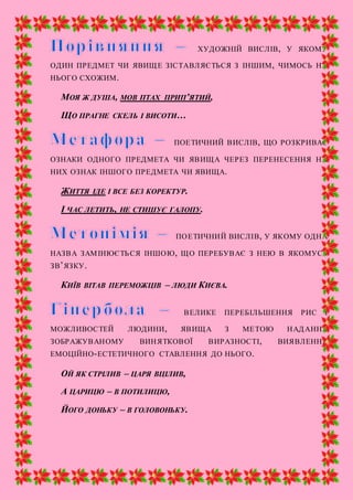ХУДОЖНІЙ ВИСЛІВ, У ЯКОМУ
ОДИН ПРЕДМЕТ ЧИ ЯВИЩЕ ЗІСТАВЛЯЄТЬСЯ З ІНШИМ, ЧИМОСЬ НА
НЬОГО СХОЖИМ.
МОЯ Ж ДУША, МОВ ПТАХ ПРИП’ЯТИЙ,
ЩО ПРАГНЕ СКЕЛЬ І ВИСОТИ…
ПОЕТИЧНИЙ ВИСЛІВ, ЩО РОЗКРИВАЄ
ОЗНАКИ ОДНОГО ПРЕДМЕТА ЧИ ЯВИЩА ЧЕРЕЗ ПЕРЕНЕСЕННЯ НА
НИХ ОЗНАК ІНШОГО ПРЕДМЕТА ЧИ ЯВИЩА.
ЖИТТЯ ІДЕ І ВСЕ БЕЗ КОРЕКТУР.
І ЧАС ЛЕТИТЬ, НЕ СТИШУЄ ГАЛОПУ.
ПОЕТИЧНИЙ ВИСЛІВ, У ЯКОМУ ОДНА
НАЗВА ЗАМІНЮЄТЬСЯ ІНШОЮ, ЩО ПЕРЕБУВАЄ З НЕЮ В ЯКОМУСЬ
ЗВ’ЯЗКУ.
КИЇВ ВІТАВ ПЕРЕМОЖЦІВ – ЛЮДИ КИЄВА.
ВЕЛИКЕ ПЕРЕБІЛЬШЕННЯ РИС І
МОЖЛИВОСТЕЙ ЛЮДИНИ, ЯВИЩА З МЕТОЮ НАДАННЯ
ЗОБРАЖУВАНОМУ ВИНЯТКОВОЇ ВИРАЗНОСТІ, ВИЯВЛЕННЯ
ЕМОЦІЙНО-ЕСТЕТИЧНОГО СТАВЛЕННЯ ДО НЬОГО.
ОЙ ЯК СТРІЛИВ – ЦАРЯ ВЦІЛИВ,
А ЦАРИЦЮ – В ПОТИЛИЦЮ,
ЙОГО ДОНЬКУ – В ГОЛОВОНЬКУ.
 