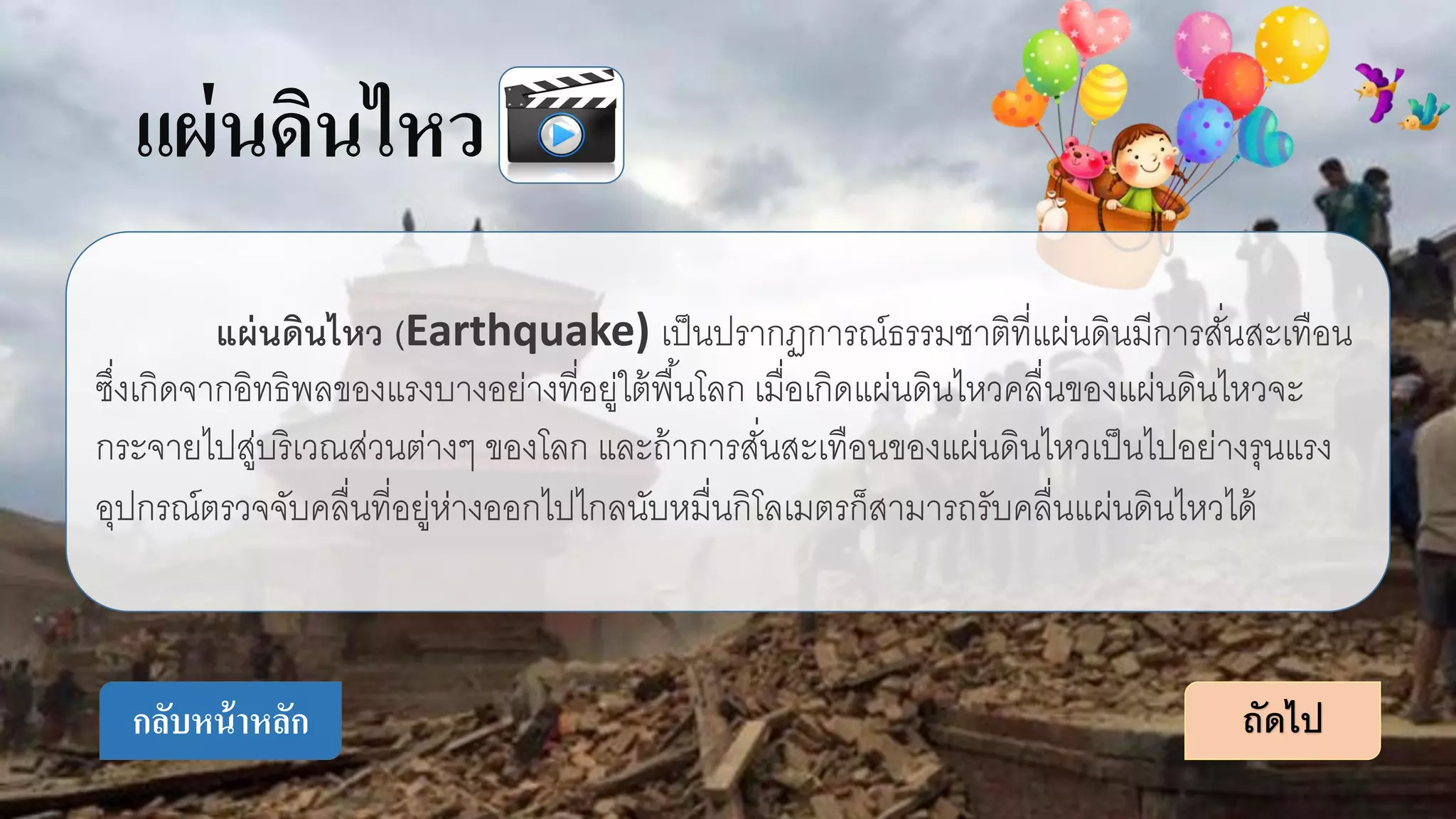 แผ่นดินไหว
ถัดไปกลับหน้าหลัก
แผ่นดินไหว (Earthquake) เป็นปรากฏการณ์ธรรมชาติที่แผ่นดินมีการสั่นสะเทือน
ซึ่งเกิดจากอิทธิพลของแรงบางอย่างที่อยู่ใต้พื้นโลก เมื่อเกิดแผ่นดินไหวคลื่นของแผ่นดินไหวจะ
กระจายไปสู่บริเวณส่วนต่างๆ ของโลก และถ้าการสั่นสะเทือนของแผ่นดินไหวเป็นไปอย่างรุนแรง
อุปกรณ์ตรวจจับคลื่นที่อยู่ห่างออกไปไกลนับหมื่นกิโลเมตรก็สามารถรับคลื่นแผ่นดินไหวได้
 