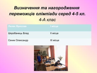 Визначення та нагородження
переможців олімпіади серед 4-5 кл.
4-А клас
Лелек Ярослав I місце
Шкробанець Влад II місце
Сеник Олександр III місце
 
