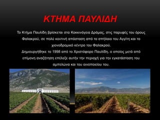 ΚΤΗΜΑ ΠΑΥΛΙΔΗ
Το Κτήμα Παυλίδη βρίσκεται στα Κοκκινόγεια Δράμας, στις παρυφές του όρους
Φαλακρού, σε πολύ κοντινή απόσταση...