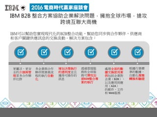 IBM可以幫助您實現現代化的B2B整合功能，幫助您同步與合作夥伴，供應商
和客戶關鍵供應訊息的交換流動。解決方案包含：
更靈活，更安
全的介接與管
理眾多合作夥
伴社群
多企業與合作
夥伴間業務流
程的執行自動
化
增加決策執行
的透明度並且
獲得可操作的
訊息
透過雲端服
務和全球服
務可彈性加
速B2B整合專
案的執行
處理全面的數
據交換使用案
例包括企業對
企業（B2B），
以及應用到應
用（A2A）
的郵件，文件
和 Web服務
根據行業標
準的數據，
自動化複雜
轉換和驗證
IBM B2B 整合方案協助企業解決問題，擁抱全球市場，搶攻
跨境互聯大商機
 