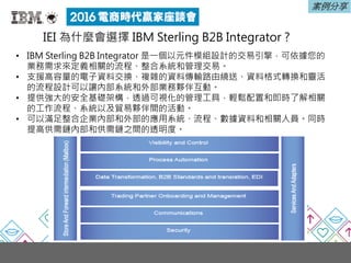 IEI 為什麼會選擇 IBM Sterling B2B Integrator ?
• IBM Sterling B2B Integrator 是一個以元件模組設計的交易引擎，可依據您的
業務需求來定義相關的流程、整合系統和管理交易。
• 支援高容量的電子資料交換、複雜的資料傳輸路由繞送、資料格式轉換和靈活
的流程設計可以讓內部系統和外部業務夥伴互動。
• 提供強大的安全基礎架構，透過可視化的管理工具，輕鬆配置和即時了解相關
的工作流程、系統以及貿易夥伴間的活動。
• 可以滿足整合企業內部和外部的應用系統、流程、數據資料和相關人員。同時
提高供需鏈內部和供需鏈之間的透明度。
案例分享
 
