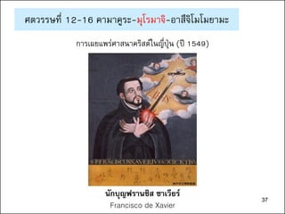 37
การเผยแพร่ศาสนาคริสต์ในญี่ปุ่น (ปี 1549)
นักบุญฟรานซิส ซาเวียร์
Francisco de Xavier
ศตวรรษที่ 12-16 คามาคูระ-มุโรมาจิ-อาสึจิโมโมยามะ
37
 