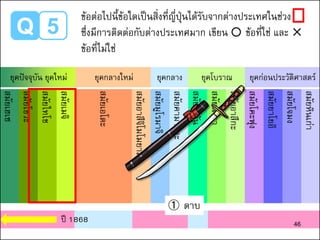 Q 5
ข้อต่อไปนี้ข้อใดเป็นสิ่งที่ญี่ปุ่นได้รับจากต่างประเทศในช่วง
ซึ่งมีการติดต่อกับต่างประเทศมาก เขียน ○ ข้อที่ใช่ และ ✕
ข้อที่ไม่ใช่
สมัยเฮเซ
สมัยโชวะ
สมัยไทโช
สมัยเมจิ
สมัยเอโดะ
สมัยอาสึจิโมโมยามะ
สมัยมูโรมาจิ
สมัยคามาคูระ
สมัยเฮอัน
สมัยนารา
สมัยอาสึกะ
สมัยโคะฟุง
สมัยยาโยอิ
สมัยโจมง
สมัยหินเก่า
ยุคปัจจุบัน ยุคใหม่ ยุคกลางใหม่ ยุคกลาง ยุคโบราณ ยุคก่อนประวัติศาสตร์
ปี 1868
① ดาบ
46
 