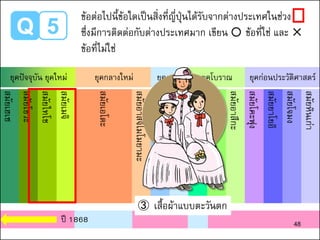 Q 5
สมัยเฮเซ
สมัยโชวะ
สมัยไทโช
สมัยเมจิ
สมัยเอโดะ
สมัยอาสึจิโมโมยามะ
สมัยมูโรมาจิ
สมัยคามาคูระ
สมัยเฮอัน
สมัยนารา
สมัยอาสึกะ
สมัยโคะฟุง
สมัยยาโยอิ
สมัยโจมง
สมัยหินเก่า
ยุคปัจจุบัน ยุคใหม่ ยุคกลางใหม่ ยุคกลาง ยุคโบราณ ยุคก่อนประวัติศาสตร์
③ เสื้อผ้าแบบตะวันตก
ปี 1868 48
ข้อต่อไปนี้ข้อใดเป็นสิ่งที่ญี่ปุ่นได้รับจากต่างประเทศในช่วง
ซึ่งมีการติดต่อกับต่างประเทศมาก เขียน ○ ข้อที่ใช่ และ ✕
ข้อที่ไม่ใช่
 