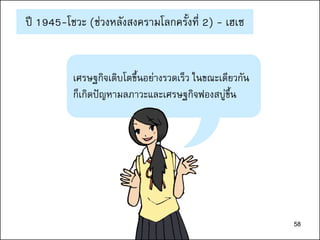 58
ปี 1945-โชวะ (ช่วงหลังสงครามโลกครั้งที่ 2) - เฮเซ
เศรษฐกิจเติบโตขึ้นอย่างรวดเร็ว ในขณะเดียวกัน
ก็เกิดปัญหามลภาวะและเศรษฐกิจฟองสบู่ขึ้น
58
 