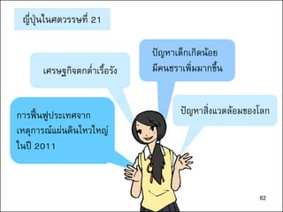 62
ญี่ปุ่นในศตวรรษที่ 21
เศรษฐกิจตกต่าเรื้อรัง
ปัญหาเด็กเกิดน้อย
มีคนชราเพิ่มมากขึ้น
ปัญหาสิ่งแวดล้อมของโลกการฟื้นฟูประเทศจาก
เหตุการณ์แผ่นดินไหวใหญ่
ในปี 2011
62
 