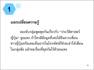 9
1
แลกเปลี่ยนความรู้
ลองจับกลุ่มพูดคุยกันเกี่ยวกับ “ประวัติศาสตร์
ญี่ปุ่น” ดูนะคะ ถ้าใครมีข้อมูลที่เคยได้ยินจากเพื่อน
ชาวญี่ปุ่นหรือเคยเห็นจากในโทรทัศน์ก็ช่วยเล่าให้เพื่อน
ในกลุ่มฟัง แล้วจดเรื่องที่คุยกันไว้ด้วยนะคะ
9
 