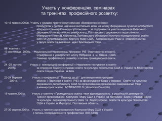 Участь у конференціях, семінарах
та тренінгах професійного розвитку:
10-13 травня 2000р. Участь у науково-практичному семінарі «Використання нових
пріоритетів у системі навчання англійської мови на шляху формування сучасної особистості
відкритого демократичного суспільства» за підтримки та участю науковців Київського
державного лінгвістичного університету, Полтавського державного педагогічного
університету імені В.Короленка,Полтавського обласного інституту післядипломної освіти
імені М.Остроградського, Корпусу Миру США, Американської Ради зі співробітництва
у галузі освіти та вивчення мов і Британської Ради.
06 жовтня –
13 листопада 2000р. Національний переможець програми РіЕ (партнерство в освіті).
Стажування в університеті штату Небраска в м. Омаха , США .
Семінар професійного розвитку з питань громадянської освіти.
24 -25 лютого Участь у міжнародній конференції « Незалежне тестування в освіті»
2001р. за сприяння Відділу у справах освіти та культури посольства США в Україні та Міністерства
освіти і науки України. м.Київ.
23-24 березня Участь у конференції ” Перехід до дії “ для випускників програми
2001р. обмінів « Партнери в освіті» (РіЕ) за фінансування Бюро у справах Освіти та культури
Державного департаменту США та організованою організацією Американські Ради
з міжнародної освіти ACTR/ACCELS ( American Councils).
19 травня 2001р. Участь у тренінгу «Громадянська освіта: твоя відповідальність в українській демократії».
Тренінг організований Корпусом Миру США в Україні за підтримки Бюро у справах науки
та культури держдепартаменту США та Відділу преси , освіти та культури Посольства
США в Україні. м.Миргород, Полтавська область.
27-30 серпня 2001р. Участь у тренінгу,організованому Корпусом Миру США в Україні
з питань попередження та профілактики ВІЛ /СНІД
 