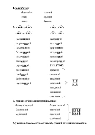 4. запам’ятай:
бовваніти лляний
ссати льяний
юннат бовван
5. - анн - , -янн - - ан - , - ян -
- енн - , - инн - - ен - , - ин -
несказанний несказаний
незрівнянний незлічений
нездоланний незрівняний
бездоганний нездоланий
незліченний нескінчений
священний недоторканий
страшенний ВИНЯТОК:
височенний шалений
глибинний скажений
безім’янний студений
нескінченний нежданий
негаданий
навіжений
священик
6. старослов’янізми (церковні слова):
благословенний божественний
блаженний огненний
мерзенний окаянний
спасенний
7. у словах бовван, ввесь, ввічливий, ссати і похідних: бовваніти,
 