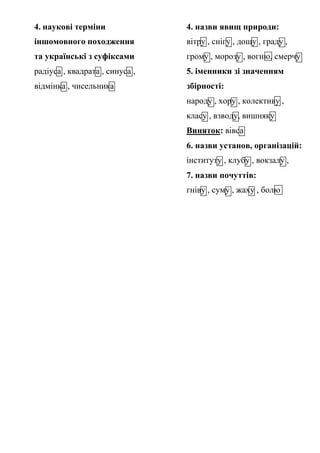 4. наукові терміни 4. назви явищ природи:
іншомовного походження вітру , снігу , дощу , граду ,
та українські з суфіксами грому , морозу , вогню, смерчу
радіуса , квадрата , синуса , 5. іменники зі значенням
відмінка , чисельника збірності:
народу , хору , колективу ,
класу , взводу, вишняку
Виняток: вівса
6. назви установ, організацій:
інституту , клубу , вокзалу ,
7. назви почуттів:
гніву , суму , жаху , болю
 