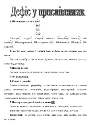 1. Після префікса по + -ому
- ему
- єму
- е, -и
По-перше, по-друге, по-третє, по-п’яте, по-твоєму, по-моєму, по-
нашому, по-материнськи, по-материнському, по-братськи, по-вовчи, по-
ведмежи.
2. як, де, куди, звідки + частки будь, небудь, казна, хтозна, от, то,
таки
Десь-то, як-небудь, то-то, от-от, будь-де, хтозна-куди, як-таки, де-таки,
якось-то, де-небудь
3. Повтор слова:
Ген-ген, ледь-ледь, ледве-ледве, ніжно, ніжно, тихо-тихо
Але: з усіх усюд
4. Слово + синонім:
Видимо-невидимо, зроду-віку, з давніх-давен, мало-помаленьку, давним-
давно, мало-помалу, повік-віків, гидко-бридко, рано-вранці, неждано-
негадано, сила-силенна, без кінця-краю, часто-густо, не сьогодні-завтра,
тяжко-важко, тишком-нишком, більш-менш, вряди-годи.
5. Повтор слова, розділений часткою НЕ:
Де-не-де, як-не-як, коли-не-коли, хоч-не-хоч, так-не-так, десь-не-десь
Виняток: всього-на-всього, віч-на-віч, пліч-о-пліч, будь-що-будь
Запам’ятай: по-латині, десь-інколи, десь-інде, десь-колись, на-гора,
геть-чисто.
 