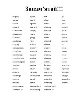 Запам’ятай!!!
спершу вдень аби де
заодно вночі абиде десь
щодня вранці абияк дещо
щомиті ввечері абиколи деякий
щохвилини зверху абикуди дехто
щосекунди знизу абихто декого
щотижня угору абищо дечого
щомісяця униз абиякий декому
щороку влітку абичий сь
щопонеділка взимку абичого хтось
щосуботи навесні абикого чогось
щонайвище восени абикому якось
щонайдальше навіки абичому кудись
щонайдобріше вліво абиким колись
змолоду вправо босоніж нізвідкись
сповна вплач голіруч горілиць
спроста дотепер повсякчас воднораз
позавчора очевидячки праворуч ліворуч
допізна вкупі мимохідь мимохіть
звисока ввись нашвидку помалу
нашвидкуруч споконвічно споконвічний
помаленьку потихеньку пораненьку
 