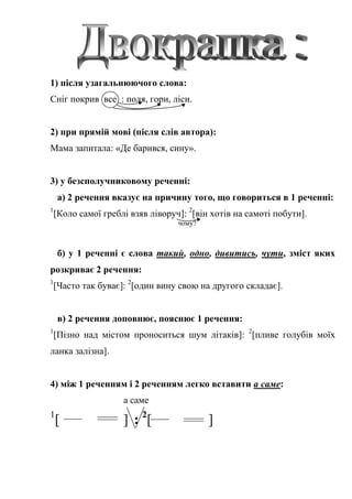 1) після узагальнюючого слова:
Сніг покрив все : поля, гори, ліси.
2) при прямій мові (після слів автора):
Мама запитала: «Де барився, сину».
3) у безсполучниковому реченні:
а) 2 речення вказує на причину того, що говориться в 1 реченні:
1
[Коло самої греблі взяв ліворуч]: 2
[він хотів на самоті побути].
чому?
б) у 1 реченні є слова такий, одно, дивитись, чути, зміст яких
розкриває 2 речення:
1
[Часто так буває]: 2
[один вину свою на другого складає].
в) 2 речення доповнює, пояснює 1 речення:
1
[Пізно над містом проноситься шум літаків]: 2
[пливе голубів моїх
ланка залізна].
4) між 1 реченням і 2 реченням легко вставити а саме:
а саме
1
[ ] : 2
[ ]
 