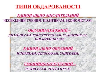 ТИПИ ОБДАРОВАНОСТІ
 РАЦІОНАЛЬНО-МИСЛИТЕЛЬНИЙ –
НЕОБХІДНИЙ УЧЕНИМ, ПОЛІТИКАМ, ЕКОНОМІСТАМ;
 ОБРАЗНО-ХУДОЖНІЙ –
ДИЗАЙНЕРАМ, КОНСТРУКТОРАМ, ХУДОЖНИКАМ,
ПИСЬМЕННИКАМ;
 РАЦІОНАЛЬНО-ОБРАЗНИЙ –
ІСТОРИКАМ, ФІЛОСОФАМ, УЧИТЕЛЯМ;
 ЕМОЦІЙНО-ПОЧУТТЄВИЙ –
РЕЖИСЕРАМ, ЛІТЕРАТОРАМ
 