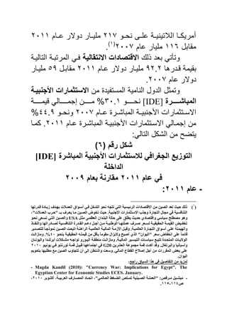 ‫دو‬‫د‬‫ح‬ :‫د‬‫د‬‫يل‬ ‫دة‬‫د‬‫ي‬ ‫تي‬ ‫ال‬ ‫دا‬‫د‬‫أمريك‬207‫دام‬‫د‬‫ي‬ ‫دوالر‬ ‫دار‬‫د‬‫ملي‬2100
‫مقابل‬006‫يام‬ ‫مليار‬2117‫ا‬0‫ا‬
.
‫ذل‬ ‫بعد‬ ‫وتصتا‬‫االنتقالَة‬ ‫االقتصادات‬‫التاليدة‬ ‫المرتبدة‬ ‫فدا‬
‫ا‬ ‫قددر‬ ‫بقيمة‬92.2‫م‬‫يدام‬ ‫دوالر‬ ‫ليدار‬2100‫مقابدل‬59‫مليدار‬
‫يام‬ ‫دوالر‬2117.
‫من‬ ‫المستريد‬ ‫امية‬ ‫ال‬ ‫الدول‬ ‫ل‬ ‫وتم‬‫األجنبَدة‬ ‫االستثمارات‬
‫ددددددرة‬‫د‬‫المباش‬[IDE]‫ددددددو‬‫د‬‫ح‬31.0‫ددددددة‬‫د‬‫قيم‬ ‫ددددددالا‬‫د‬‫جم‬ ‫ددددددن‬‫د‬‫م‬ %
‫دام‬‫د‬‫ي‬ ‫در‬‫د‬‫المباش‬ ‫دة‬‫د‬‫بي‬ ‫اىج‬ ‫مارات‬ ‫دت‬‫د‬‫االس‬2117‫دو‬‫د‬‫ح‬ ‫و‬44.9%
‫يدام‬ ‫المباشدر‬ ‫بيدة‬ ‫اىج‬ ‫مارات‬ ‫االسدت‬ ‫جمدالا‬ ‫من‬2100‫كمدا‬ .
‫م‬ ‫يتض‬‫التالاب‬ ‫الشكل‬ ‫ن‬
( ‫رقم‬ ‫شكل‬1)
‫المباشرة‬ ‫األجنبَة‬ ‫لالستثمارات‬ ٍ‫الجغراف‬ ‫التوزَع‬[IDE]
‫الداخلة‬
‫عام‬ ٍ‫ف‬5100‫بعام‬ ‫مقارنة‬5113
-‫عام‬5100:
(1
)‫قردزرٖب‬ ‫شٝربدح‬ ‫ثٖردف‬ ‫اىؼَرشد‬ ‫أظر٘اق‬ ٜ‫فر‬ ‫اىزدلو‬ ٘‫ّح‬ ٔ‫رزس‬ ٜ‫اىز‬ ‫اىسئٞعٞخ‬ ‫االقزصبداد‬ ٍِ ِٞ‫اىص‬ ‫رؼد‬ ‫حٞش‬ ‫ذىل‬
‫اىؼَرشد"ا‬ ‫"حرسة‬ ‫ثرر‬ ‫ٝؼرسف‬ ‫ٍرب‬ ِٞ‫اىصر‬ ‫را٘ض‬ ‫حٞش‬ .‫األجْجٞخ‬ ‫االظزضَبزاد‬ ‫ٗجرة‬ ‫اىزسبزح‬ ‫ٍسبه‬ ٜ‫ف‬ ‫اىزْبفعٞخ‬
‫حدٝش‬ ٛ‫ٗاقزصبد‬ ٜ‫ظٞبظ‬ ‫ٍصبيح‬ ٕ٘ٗ‫ٍضرو‬ ٚ‫اىؼظَر‬ ُ‫اىجيردا‬ ‫حبىخ‬ ٚ‫ػي‬ ‫ٝبيا‬USA٘‫ّحر‬ ٚ‫رعرؼ‬ ٜ‫اىزر‬ ِٞ‫ٗاىصر‬
‫ربذ‬‫ر‬‫ٗاىْر‬ ‫ربدزارٖب‬‫ر‬‫ىص‬ ‫رٞخ‬‫ر‬‫اىزْبفع‬ ‫ردزح‬‫ر‬‫اىق‬ ٌ‫ر‬‫ر‬‫دػ‬ ‫رو‬‫ر‬‫أج‬ ِ‫ر‬‫ر‬ٍ ‫رخ‬‫ر‬ْٞ‫اى٘غ‬ ‫رب‬‫ر‬ٖ‫ػَيز‬ ‫رسف‬‫ر‬‫ص‬ ‫رؼس‬‫ر‬‫ىع‬ ‫رخ‬‫ر‬ٞ‫اىحقٞق‬ ‫رخ‬‫ر‬َٞ‫اىق‬ ‫رٞط‬‫ر‬‫رار‬
‫ىيزصردٝس‬ ‫َّ٘ذجرب‬ ِٞ‫اىصر‬ ‫ارجؼرذ‬ ‫اىسإْرخ‬ ‫اىؼبىَٞرخ‬ ‫اىَبىٞرخ‬ ‫األشٍرخ‬ ‫ٗقجرو‬ .‫اىؼبىَٞرخ‬ ‫اىزسربزح‬ ‫أظر٘اق‬ ٚ‫ػير‬ ‫ٗاىَْٖٞخ‬
‫قبئ‬٘‫ثْحر‬ ‫اىحقٞقٞرخ‬ ٔ‫قَٞزر‬ ٍِ ‫ثأقو‬ ‫ٍقٍ٘ب‬ ‫ٗالٝصاه‬ ‫أصجح‬ ٛ‫اىر‬ "ُ‫"اىٞ٘ا‬ ‫ظؼس‬ ‫اّاربض‬ ٚ‫ػي‬ ‫َب‬41‫ٍٗبشاىرذ‬ .%
ُ‫رب‬‫ر‬ّ٘ٞ‫ٗاى‬ ‫ردا‬‫ر‬ْ‫أٝسى‬ ‫رنشد‬‫ر‬‫ٍش‬ ٔ‫ر‬‫ر‬‫ر٘اج‬ ٗ‫ر٘ز‬‫ر‬ٞ‫اى‬ ‫رخ‬‫ر‬‫ٍْبق‬ ‫رذ‬‫ر‬‫ٍٗبشاى‬ .‫رخ‬‫ر‬ٞ‫اىَبى‬ ‫رٞس‬‫ر‬‫اىزٞع‬ ‫ربد‬‫ر‬‫ظٞبظ‬ ‫رغ‬‫ر‬‫رزج‬ ‫ردح‬‫ر‬‫اىَزح‬ ‫ربد‬‫ر‬ٝ‫اى٘ال‬
ِٝ‫اىؼشس‬ ‫ٍسَ٘ػخ‬ ‫قَخ‬ ‫أمدد‬ ‫ٗقد‬ .‫به‬ ‫ٗاىجسر‬ ‫ٗأظجبّٞب‬G20‫ق‬ ‫اجزَبػٖرب‬ ٜ‫ف‬٘‫ّٝ٘ٞر‬ ٜ‫فر‬ ٘‫ر٘زّزر‬ ‫قَرخ‬ ‫جٞرو‬2111
ٌٝ٘‫ثزؼر‬ ‫ٍبيجٖب‬ ‫ٍغ‬ ِٞ‫اىص‬ ‫رزسبٗة‬ ُ‫أ‬ ٚ‫إى‬ ِ‫ٗاشْب‬ ‫ٗظؼذ‬ .ٜ‫اىَبى‬ ‫اىقببع‬ ‫إصشح‬ ‫أجو‬ ٍِ ‫اىَقسزاد‬ ‫ثؼط‬ ٚ‫ػي‬
.ُ‫اىٞ٘ا‬
‫زاجغ‬ ‫اىعٞبق‬ ‫ٕرا‬ ٜ‫ف‬ ‫اىزربصٞو‬ ٍِ ‫ىَصٝد‬:
- Magda Kandil (2010): "Currency War: Implications for Egypt". The
Egyptian Center for Economic Studies ECES. January.
-‫أمزرر٘ثس‬ ‫رخا‬‫ر‬ٞ‫اىؼسث‬ ‫ربزف‬‫ر‬‫اىَص‬ ‫ربد‬‫ر‬‫ارح‬ ‫ربىَٜ"ا‬‫ر‬‫اىؼ‬ ‫ػ‬ ‫ر‬‫ر‬‫اىع‬ ‫رزا‬‫ر‬َ‫ر‬ ‫رْٞٞخ‬‫ر‬‫اىص‬ ‫رخ‬‫ر‬‫"اىؼَي‬ :‫رسقا‬‫ر‬ٍ ‫رٞو‬‫ر‬‫ٍٞش‬2111‫ا‬
‫و‬114-115.
 