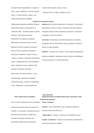 В упорі лежачі пересування на руках по
колу, кидки набивного м’яча від грудей
обома та однією рукою вперед, над
собою. Різновидності стрибків.
упорі лежачи вправо, вліво, по колу;
передача м’яча в парах, в трійках, в русі;
Техніко-тактична підготовка
Пересування різними способами. Кроком,
приставним кроком, прискорення, в
захисній стійці. Зупинки одним та двома
кроками. Постановка заслонів,
блокування та затримка суперника.
Виконання заслонів на місці та в русі.
Ведення м’яча без зорового контролю.
Кидки м’яча в опорному положенні з
протидією суперника: кидки м’яча на
точність, у ворота з пасивним захисником,
кидки з виконанням дій, що відволікають
увагу суперника, кидки у ворота після
ведення та передачі партнера.
Колективні дії в нападі. Напад з ходу.
Гра воротаря: визначення напрямку
можливого кидка, ловіння та відбивання
м’яча. Навчальна та двостороння гра.
виконує різні способи пересувань в поєднанні з технічними
прийомами у нападі та захисті. Ведення м’яча без зорового
контролю. Кидки м’яча в опорному положенні з протидією
суперника., кидки на точність.
застосовує постановку заслонів, блокування та затримку
суперника. Дії, що відволікають увагу суперника. Зупинки
одним та двома кроками.
здійснює узгоджені дії у нападі з ходу (швидким проривом),
визначає напрямок можливого кидка, ловіння та відбивання
м’яча знаходячись на позиції воротаря.
7 рік вивчення
Зміст навчального матеріалу Державні вимоги до рівня навчальних досягнень учнів
Теоретичні відомості
Роль та місце спортивних ігор у вихованні
морально-вольових якостей особистості.
Гандбол у сучасному олімпійському русі.
Фізична підготовленість гандболіста.
Суддівство змагань. Чинники, які
визначають ефективність змагальної
Учень, учениця:
аналізує місце спортивних ігор у вихованні морально-
вольових якостей особистості
характеризує гандбол у сучасному олімпійському русі
називає та пояснює чинники, які визначають ефективність
змагальної діяльності гравців.
 