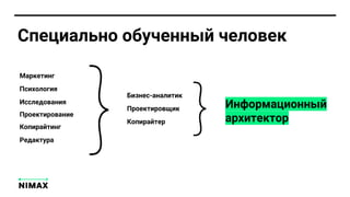 Специально обученный человек
Информационный
архитектор
Бизнес-аналитик
Проектировщик
Копирайтер
Маркетинг
Психология
Исследования
Проектирование
Копирайтинг
Редактура
 