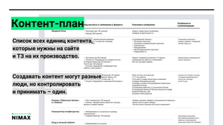 Контент-план
Список всех единиц контента,
которые нужны на сайте
и ТЗ на их производство.
Создавать контент могут разные
люди, но контролировать
и принимать – один.
 