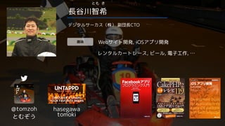 長谷川智希
とも き
@tomzoh 
とむぞう
Webサイト開発, iOSアプリ開発
レンタルカートレース, ビール, 電子工作, …
hasegawa 
tomoki
デジタルサーカス（株） 副団長CTO
趣味
 