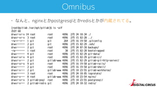 Omnibus
• なんと、nginxとかpostgresqlとかredisとかが内蔵されてる。
[root@gitlab /var/opt/gitlab]$ ls -alF
合計 68
drwxr-xr-x 14 root root 4096 2⽉ 24 18:34 ./
drwxr-xr-x 3 root root 4096 2⽉ 15 02:28 ../
-rw-r--r-- 1 git git 264 2⽉ 16 19:58 .gitconfig
drwx------ 2 git git 4096 2⽉ 15 02:29 .ssh/
drwx------ 2 git root 4096 2⽉ 24 07:30 backups/
-rw------- 1 root root 38 2⽉ 15 02:28 bootstrapped
drwx------ 4 git root 4096 2⽉ 15 02:29 git-data/
drwxr-xr-x 4 git root 4096 2⽉ 15 02:29 gitlab-ci/
drwxr-x--- 2 git gitlab-www 4096 2⽉ 15 02:29 gitlab-git-http-server/
drwxr-xr-x 9 git root 4096 2⽉ 16 19:58 gitlab-rails/
drwx------ 2 git root 4096 2⽉ 16 19:58 gitlab-shell/
drwxr-x--- 2 git gitlab-www 4096 2⽉ 18 23:55 gitlab-workhorse/
drwx------ 3 root root 4096 2⽉ 24 18:05 logrotate/
drwxr-x--- 8 root gitlab-www 4096 2⽉ 18 23:54 nginx/
drwxr-xr-x 3 gitlab-psql root 4096 2⽉ 18 23:55 postgresql/
drwxr-x--- 2 gitlab-redis git 4096 2⽉ 24 18:32 redis/
 