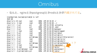 Omnibus
• なんと、nginxとかpostgresqlとかredisとかが内蔵されてる。
[root@gitlab /var/opt/gitlab]$ ls -alF
合計 68
drwxr-xr-x 14 root root 4096 2⽉ 24 18:34 ./
drwxr-xr-x 3 root root 4096 2⽉ 15 02:28 ../
-rw-r--r-- 1 git git 264 2⽉ 16 19:58 .gitconfig
drwx------ 2 git git 4096 2⽉ 15 02:29 .ssh/
drwx------ 2 git root 4096 2⽉ 24 07:30 backups/
-rw------- 1 root root 38 2⽉ 15 02:28 bootstrapped
drwx------ 4 git root 4096 2⽉ 15 02:29 git-data/
drwxr-xr-x 4 git root 4096 2⽉ 15 02:29 gitlab-ci/
drwxr-x--- 2 git gitlab-www 4096 2⽉ 15 02:29 gitlab-git-http-server/
drwxr-xr-x 9 git root 4096 2⽉ 16 19:58 gitlab-rails/
drwx------ 2 git root 4096 2⽉ 16 19:58 gitlab-shell/
drwxr-x--- 2 git gitlab-www 4096 2⽉ 18 23:55 gitlab-workhorse/
drwx------ 3 root root 4096 2⽉ 24 18:05 logrotate/
drwxr-x--- 8 root gitlab-www 4096 2⽉ 18 23:54 nginx/
drwxr-xr-x 3 gitlab-psql root 4096 2⽉ 18 23:55 postgresql/
drwxr-x--- 2 gitlab-redis git 4096 2⽉ 24 18:32 redis/
！？
 