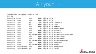All your …
[root@gitlab /var/opt/gitlab]$ ls -alF
合計 68
drwxr-xr-x 14 root root 4096 2⽉ 24 18:34 ./
drwxr-xr-x 3 root root 4096 2⽉ 15 02:28 ../
-rw-r--r-- 1 git git 264 2⽉ 16 19:58 .gitconfig
drwx------ 2 git git 4096 2⽉ 15 02:29 .ssh/
drwx------ 2 git root 4096 2⽉ 24 07:30 backups/
-rw------- 1 root root 38 2⽉ 15 02:28 bootstrapped
drwx------ 4 git root 4096 2⽉ 15 02:29 git-data/
drwxr-xr-x 4 git root 4096 2⽉ 15 02:29 gitlab-ci/
drwxr-x--- 2 git gitlab-www 4096 2⽉ 15 02:29 gitlab-git-http-server/
drwxr-xr-x 9 git root 4096 2⽉ 16 19:58 gitlab-rails/
drwx------ 2 git root 4096 2⽉ 16 19:58 gitlab-shell/
drwxr-x--- 2 git gitlab-www 4096 2⽉ 18 23:55 gitlab-workhorse/
drwx------ 3 root root 4096 2⽉ 24 18:05 logrotate/
drwxr-x--- 8 root gitlab-www 4096 2⽉ 18 23:54 nginx/
drwxr-xr-x 3 gitlab-psql root 4096 2⽉ 18 23:55 postgresql/
drwxr-x--- 2 gitlab-redis git 4096 2⽉ 24 18:32 redis/
 