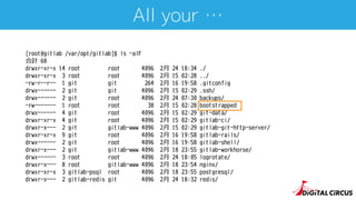 All your …
[root@gitlab /var/opt/gitlab]$ ls -alF
合計 68
drwxr-xr-x 14 root root 4096 2⽉ 24 18:34 ./
drwxr-xr-x 3 root root 4096 2⽉ 15 02:28 ../
-rw-r--r-- 1 git git 264 2⽉ 16 19:58 .gitconfig
drwx------ 2 git git 4096 2⽉ 15 02:29 .ssh/
drwx------ 2 git root 4096 2⽉ 24 07:30 backups/
-rw------- 1 root root 38 2⽉ 15 02:28 bootstrapped
drwx------ 4 git root 4096 2⽉ 15 02:29 git-data/
drwxr-xr-x 4 git root 4096 2⽉ 15 02:29 gitlab-ci/
drwxr-x--- 2 git gitlab-www 4096 2⽉ 15 02:29 gitlab-git-http-server/
drwxr-xr-x 9 git root 4096 2⽉ 16 19:58 gitlab-rails/
drwx------ 2 git root 4096 2⽉ 16 19:58 gitlab-shell/
drwxr-x--- 2 git gitlab-www 4096 2⽉ 18 23:55 gitlab-workhorse/
drwx------ 3 root root 4096 2⽉ 24 18:05 logrotate/
drwxr-x--- 8 root gitlab-www 4096 2⽉ 18 23:54 nginx/
drwxr-xr-x 3 gitlab-psql root 4096 2⽉ 18 23:55 postgresql/
drwxr-x--- 2 gitlab-redis git 4096 2⽉ 24 18:32 redis/
 