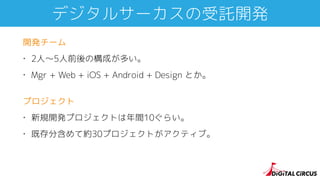 デジタルサーカスの受託開発
開発チーム
• 2人〜5人前後の構成が多い。
• Mgr + Web + iOS + Android + Design とか。
プロジェクト
• 新規開発プロジェクトは年間10ぐらい。
• 既存分含めて約30プロジェクトがアクティブ。
 