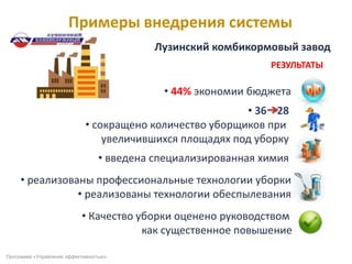 Примеры внедрения системы
Программа «Управление эффективностью»
Лузинский комбикормовый завод
РЕЗУЛЬТАТЫ
• 44% экономии бюджета
• 36 28
• сокращено количество уборщиков при
увеличившихся площадях под уборку
• введена специализированная химия
• реализованы профессиональные технологии уборки
• реализованы технологии обеспылевания
• Качество уборки оценено руководством
как существенное повышение
 