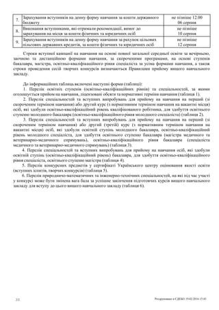 Строки вступної кампанії на навчання на основі повної загальної середньої освіти за вечірньою,
заочною та дистанційною формами навчання, за скороченими програмами, на основі ступенів
бакалавра, магістра, освітньо-кваліфікаційного рівня спеціаліста за усіма формами навчання, а також
строки проведення сесій творчих конкурсів визначаються Правилами прийому вищого навчального
закладу.
До інформаційних таблиць включені наступні форми (таблиці):
1. Перелік освітніх ступенів (освітньо-кваліфікаційних рівнів) та спеціальностей, за якими
оголошується прийом на навчання, ліцензовані обсяги та нормативні терміни навчання (таблиця 1).
2. Перелік спеціальностей та вступних випробувань для прийому на навчання на перший (зі
скороченим терміном навчання) або другий курс (з нормативним терміном навчання на вакантні місця)
осіб, які здобули освітньо-кваліфікаційний рівень кваліфікованого робітника, для здобуття освітнього
ступеню молодшого бакалавра (освітньо-кваліфікаційного рівня молодшого спеціаліста) (таблиця 2).
3. Перелік спеціальностей та вступних випробувань для прийому на навчання на перший (зі
скороченим терміном навчання) або другий (третій) курс (з нормативним терміном навчання на
вакантні місця) осіб, які здобули освітній ступінь молодшого бакалавра, освітньо-кваліфікаційний
рівень молодшого спеціаліста, для здобуття освітнього ступеню бакалавра (магістра медичного та
ветеринарно-медичного спрямувань), освітньо-кваліфікаційного рівня бакалавра (спеціаліста
медичного та ветеринарно-медичного спрямувань) (таблиця 3).
4. Перелік спеціальностей та вступних випробувань для прийому на навчання осіб, які здобули
освітній ступінь (освітньо-кваліфікаційний рівень) бакалавра, для здобуття освітньо-кваліфікаційного
рівня спеціаліста, освітнього ступеню магістра (таблиця 4).
5. Перелік конкурсних предметів у сертифікаті Українського центру оцінювання якості освіти
(вступних іспитів, творчих конкурсів) (таблиця 5).
6. Перелік природничо-математичних та інженерно-технічних спеціальностей, на які під час участі
у конкурсі може бути змінена вага бала за успішне закінчення підготовчих курсів вищого навчального
закладу для вступу до цього вищого навчального закладу (таблиця 6).
не пізніше
12 серпня
Зарахування вступників на денну форму навчання за рахунок цільових
пільгових державних кредитів, за кошти фізичних та юридичних осіб
9.
не пізніше
10 серпня
Виконання вступниками, які отримали рекомендації, вимог до
зарахування на місця за кошти фізичних та юридичних осіб
8.
не пізніше 12.00
06 серпня
Зарахування вступників на денну форму навчання за кошти державного
бюджету
7.
19.02.2016 15:43Роздруковано в ЄДЕБО2/2
 