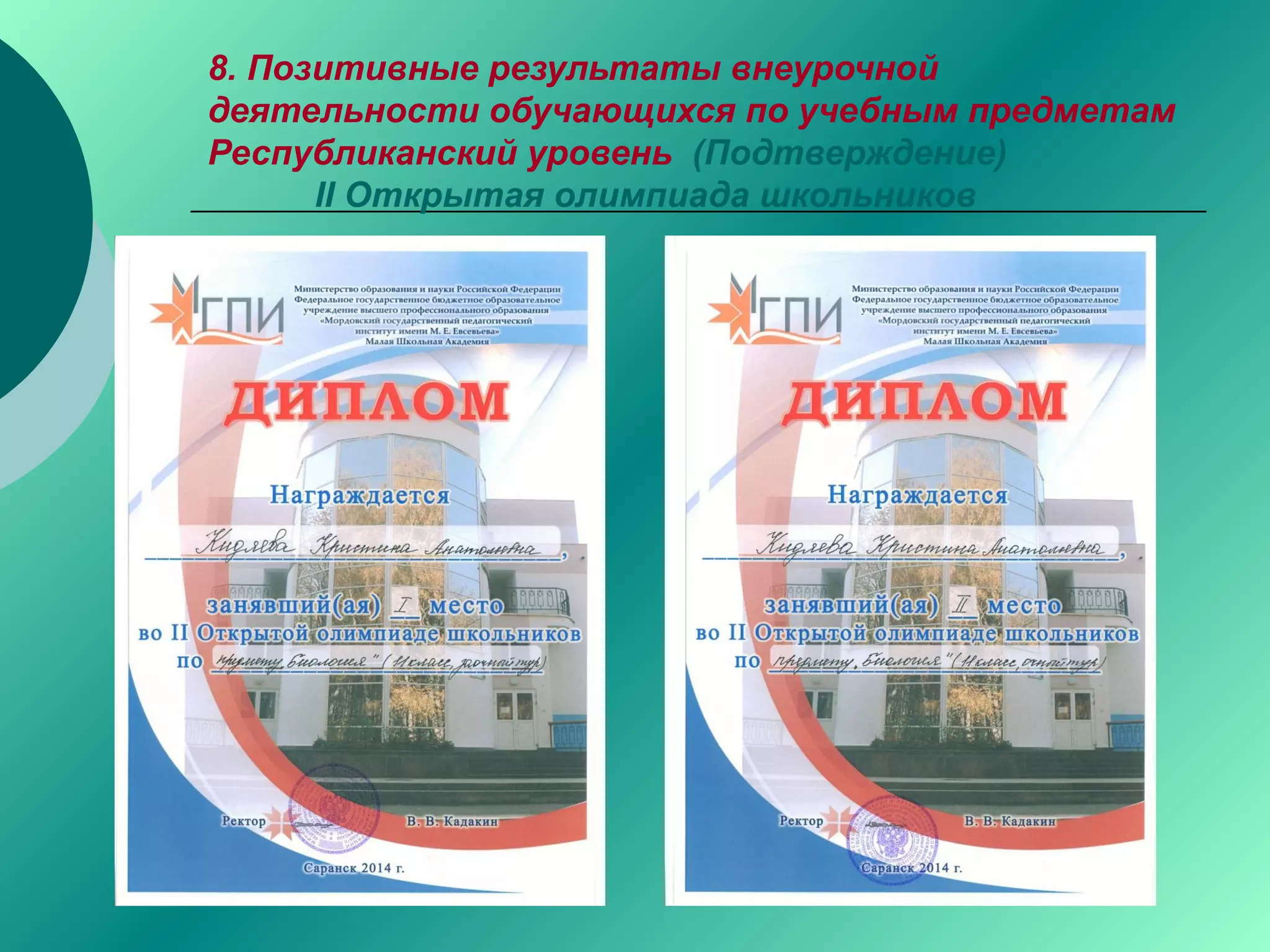 8. Позитивные результаты внеурочной
деятельности обучающихся по учебным предметам
Республиканский уровень (Подтверждение)
II Открытая олимпиада школьников
 