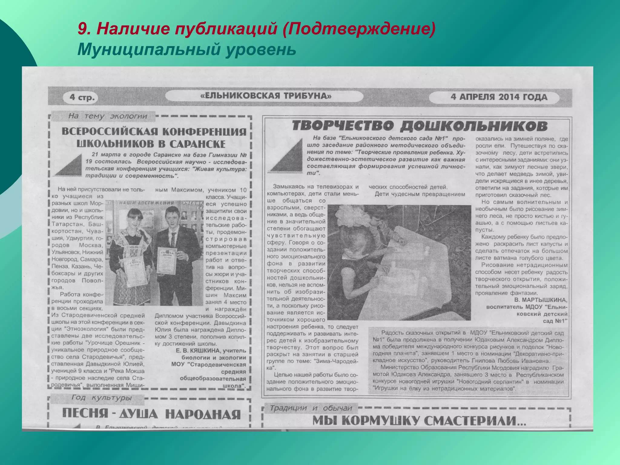 9. Наличие публикаций (Подтверждение)
Муниципальный уровень
 