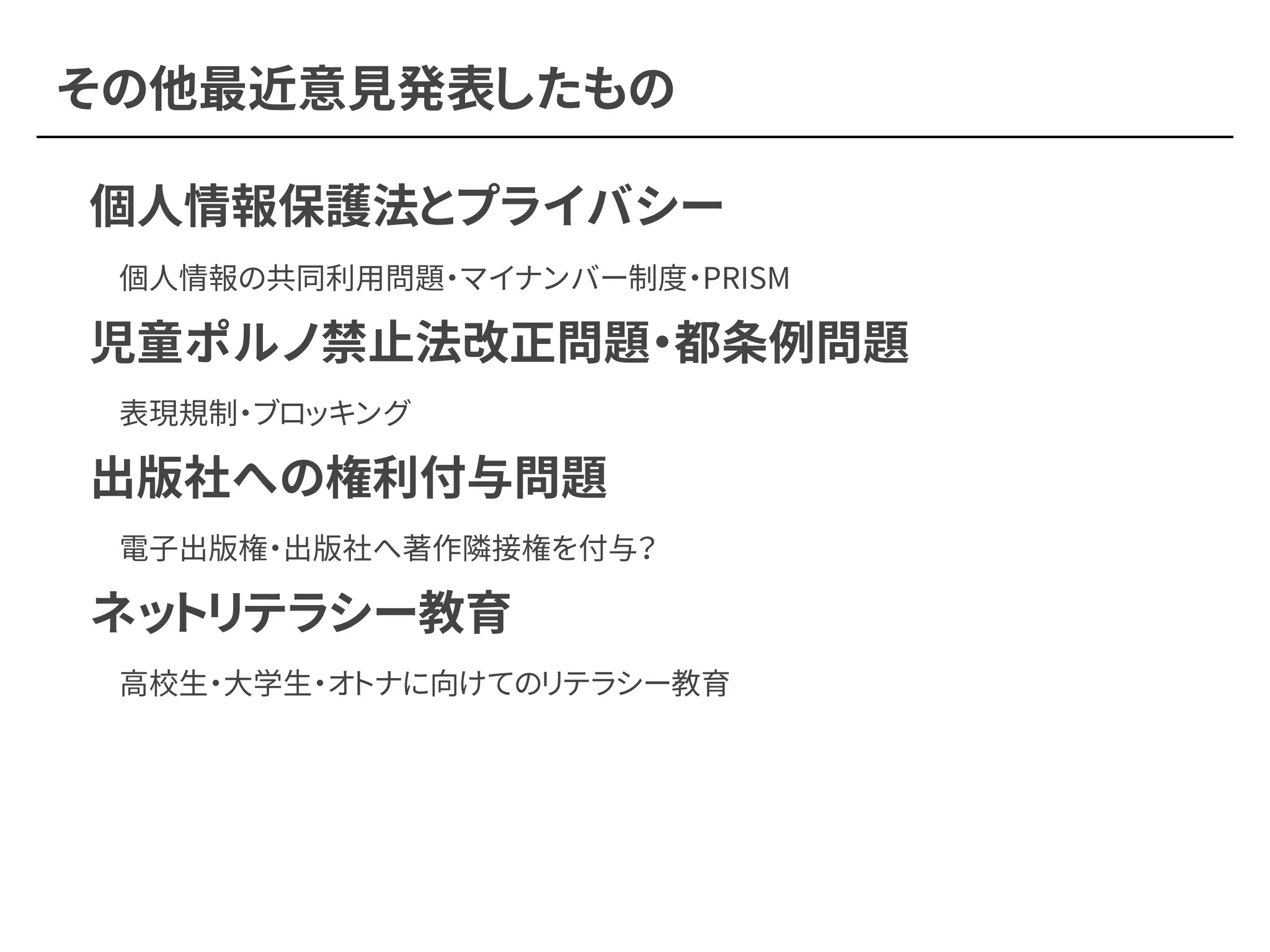その他最近意見発表したもの
個人情報保護法とプライバシー
　個人情報の共同利用問題・マイナンバー制度・PRISM
児童ポルノ禁止法改正問題・都条例問題
　表現規制・ブロッキング
出版社への権利付与問題
　電子出版権・出版社へ著作隣接権を付与？
ネットリテラシー教育
　高校生・大学生・オトナに向けてのリテラシー教育
 
