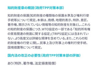 知的財産章の概説（政府TPP対策本部）
知的財産の保護(知的財産の種類毎の保護水準及び権利行使
手続等)について規定。本章は、商標、地理的表示、特許、意匠、
著作権、開示されていない情報等の知的財産を対象とし、これら
の知的財産の保護につき、WTO協定の一部である 「知的所有権
の貿易関連の側面に関する協定」(TRIPS協定)には含まれてい
ない、より高度又は詳細な規律を含めている。また、これらの知
的財産権の行使 に関し、民事上及び刑事上の権利行使手続、
国境措置等について規定。
国内法の改正の必要性（政府TPP対策本部の評価）
あり（特許、著作権、法定損害賠償）
 