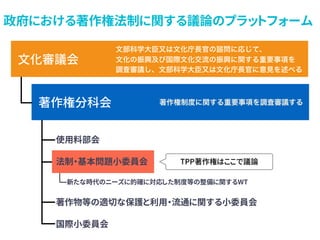 政府における著作権法制に関する議論のプラットフォーム
文化審議会
著作権分科会
文部科学大臣又は文化庁長官の諮問に応じて、 
文化の振興及び国際文化交流の振興に関する重要事項を 
調査審議し、文部科学大臣又は文化庁長官に意見を述べる
著作権制度に関する重要事項を調査審議する
•
使用料部会
•
法制・基本問題小委員会
•
新たな時代のニーズに的確に対応した制度等の整備に関するWT
•
著作物等の適切な保護と利用・流通に関する小委員会
•
国際小委員会
TPP著作権はここで議論
 