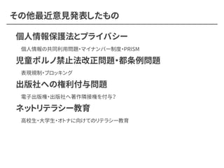 その他最近意見発表したもの
個人情報保護法とプライバシー
　個人情報の共同利用問題・マイナンバー制度・PRISM
児童ポルノ禁止法改正問題・都条例問題
　表現規制・ブロッキング
出版社への権利付与問題
　電子出版権・出版社へ著作隣接権を付与？
ネットリテラシー教育
　高校生・大学生・オトナに向けてのリテラシー教育
 