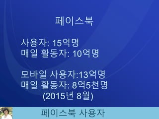 페이스북 사용자
페이스북
사용자: 15억명
매일 활동자: 10억명
모바일 사용자:13억명
매일 활동자: 8억5천명
(2015년 8월)
 