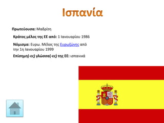 Πρωτεύουσα: Μαδρίτη
Κράτος μέλος της ΕΕ από: 1 Ιανουαρίου 1986
Νόμισμα: Ευρω. Μέλος της Ευρωζώνης από
την 1η Ιανουαρίου 1999
Επίσημη(-ες) γλώσσα(-ες) της ΕΕ: ισπανικά
 