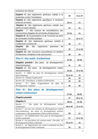3
protection du littoral
Chapitre 4 : Des règlements généraux relatifs à la
protection contre l'inondation
28 14 et 15
Chapitre 5 : Des règlements spécifiques à certaines
zones du territoire 29-31 15
Chapitre 6 : Des règlements généraux relatifs aux
voiries et voies classées 32 16
Chapitre 7 : Des travaux de consolidations des
constructions frappées de servitudes d'alignement 33-36 16
Chapitre 8 : De la prénotation et de l'insertion du droit
de servitudes d'utilité publique 37 16 et 17
Chapitre 9 : Des règlements généraux relatifs à
l’urbanisme commercial 38 17
Chapitre 10 : Des règlements généraux de
construction 39 17 et 18
Chapitre 11 : Des structures consultatives en matière
d’urbanisme, d’habitat et de construction 40 18
Titre V : Des outils d’urbanisme 41-46 18-20
Chapitre premier : Des plans de développement
intercommunaux 41 18
Chapitre 2 : Des plans de développement urbain
intercommunaux 42-46 19 et 20
Section I : Objet du plan de développement urbain
intercommunal 42 et 43 19
Section II : Champ d’application 44 19
Section III : Procédures et délais d’élaboration 45 20
Section IV : Effets d’approbation du plan de
développement régional 46 20
Titre IV : Des plans de développement
urbain communaux 47-66 20-28
Chapitre premier 47 20 et 21
Chapitre II 48-64 21-28
Section 1 : Des plans de développement urbain
communaux 48 et 49 21 et 22
Section 2 : du suivi des schémas de développement urbain
intercommunaux, des plans de développement urbains
communaux et des programmes d'intervention urbaine. 50 23
Section 3 : de l'établissement d'un plan de développement
urbain communal. 51 23 et 24
Section 4 : les procédures de révision totale d'un plan de
développement urbain communal 52 et 53 24
Section 5 : de l'approbation du conseil communal du plan
de développement urbain communal 54 25
 