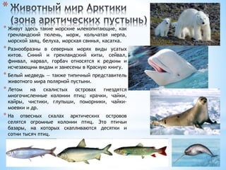 *
* Живут здесь такие морские млекопитающие, как
гренландский тюлень, морж, кольчатая нерпа,
морской заяц, белуха, морская свинья, касатка.
* Разнообразны в северных морях виды усатых
китов. Синий и гренландский киты, сейвал,
финвал, нарвал, горбач относятся к редким и
исчезающим видам и занесены в Красную книгу.
* Белый медведь — также типичный представитель
животного мира полярной пустыни.
* Летом на скалистых островах гнездятся
многочисленные колонии птиц: крачки, чайки,
кайры, чистики, глупыши, поморники, чайки-
моевки и др.
* На отвесных скалах арктических островов
селятся огромные колонии птиц. Это птичьи
базары, на которых скапливаются десятки и
сотни тысяч птиц.
 