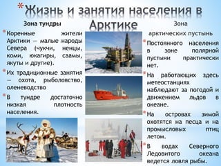 *
Зона тундры
*Коренные жители
Арктики — малые народы
Севера (чукчи, ненцы,
коми, юкагиры, саамы,
якуты и другие).
*Их традиционные занятия
— охота, рыболовство,
оленеводство
*В тундре достаточно
низкая плотность
населения.
Зона
арктических пустынь
*Постоянного населения
в зоне полярной
пустыни практически
нет.
*На работающих здесь
метеостанциях
наблюдают за погодой и
движением льдов в
океане.
*На островах зимой
охотятся на песца и на
промысловых птиц
летом.
*В водах Северного
Ледовитого океана
ведется ловля рыбы.
 