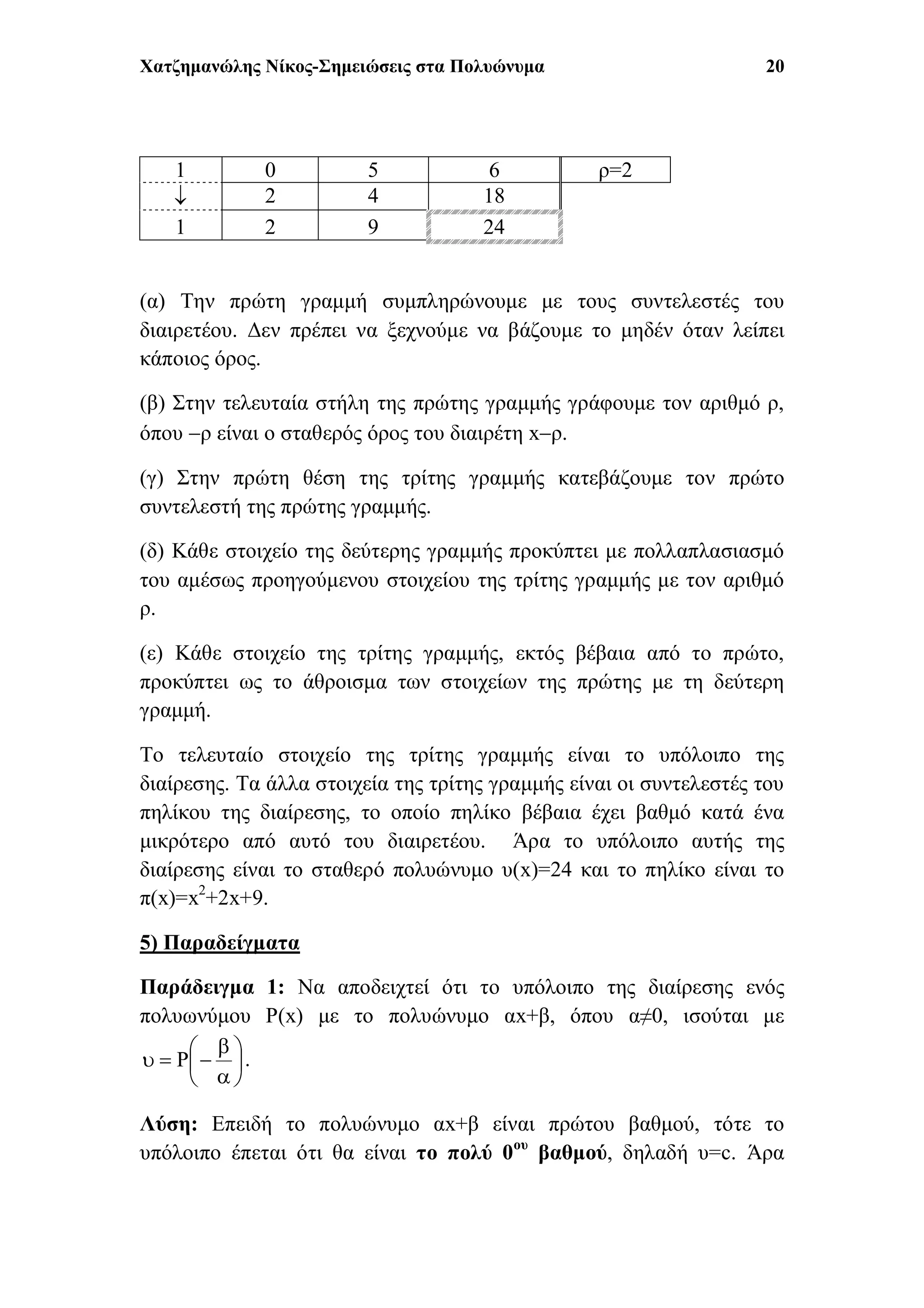 Χατζημανώλης Νίκος-Σημειώσεις στα Πολυώνυμα 20
1 0 5 6 ρ=2
 2 4 18
1 2 9 24
(α) Την πρώτη γραμμή συμπληρώνουμε με τους συντελεστές του
διαιρετέου. Δεν πρέπει να ξεχνούμε να βάζουμε το μηδέν όταν λείπει
κάποιος όρος.
(β) Στην τελευταία στήλη της πρώτης γραμμής γράφουμε τον αριθμό ρ,
όπου ρ είναι ο σταθερός όρος του διαιρέτη xρ.
(γ) Στην πρώτη θέση της τρίτης γραμμής κατεβάζουμε τον πρώτο
συντελεστή της πρώτης γραμμής.
(δ) Κάθε στοιχείο της δεύτερης γραμμής προκύπτει με πολλαπλασιασμό
του αμέσως προηγούμενου στοιχείου της τρίτης γραμμής με τον αριθμό
ρ.
(ε) Κάθε στοιχείο της τρίτης γραμμής, εκτός βέβαια από το πρώτο,
προκύπτει ως το άθροισμα των στοιχείων της πρώτης με τη δεύτερη
γραμμή.
Το τελευταίο στοιχείο της τρίτης γραμμής είναι το υπόλοιπο της
διαίρεσης. Τα άλλα στοιχεία της τρίτης γραμμής είναι οι συντελεστές του
πηλίκου της διαίρεσης, το οποίο πηλίκο βέβαια έχει βαθμό κατά ένα
μικρότερο από αυτό του διαιρετέου. Άρα το υπόλοιπο αυτής της
διαίρεσης είναι το σταθερό πολυώνυμο υ(x)=24 και το πηλίκο είναι το
π(x)=x2
+2x+9.
5) Παραδείγματα
Παράδειγμα 1: Να αποδειχτεί ότι το υπόλοιπο της διαίρεσης ενός
πολυωνύμου P(x) με το πολυώνυμο αx+β, όπου α≠0, ισούται με








 P .
Λύση: Επειδή το πολυώνυμο αx+β είναι πρώτου βαθμού, τότε το
υπόλοιπο έπεται ότι θα είναι το πολύ 0ου
βαθμού, δηλαδή υ=c. Άρα
 
